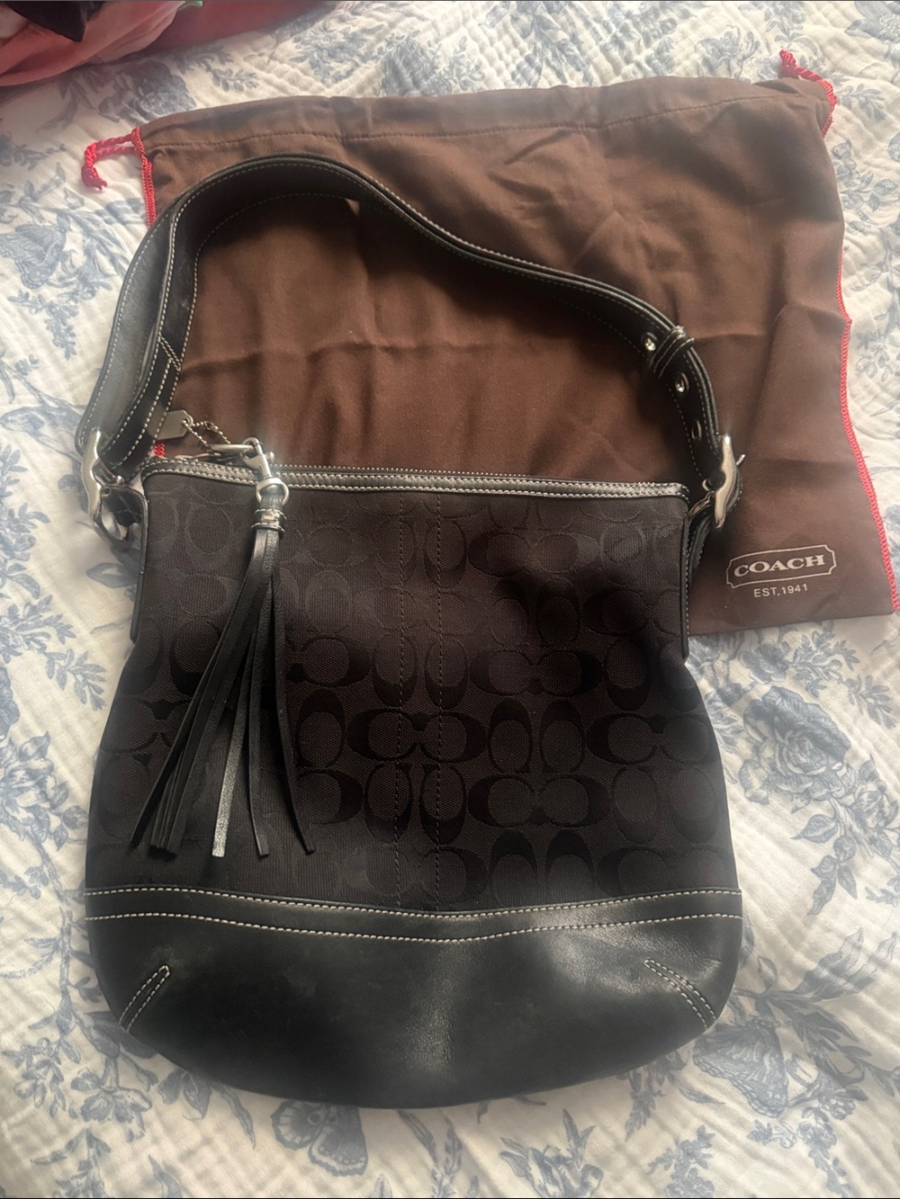 Coach Black Signature Canvas and Leather Hobo with Tassel